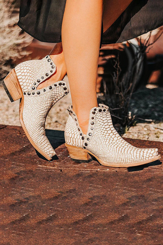 Snake Print Metal Rivets Pointed Toe Beige Ankle Boots [Pre Order]