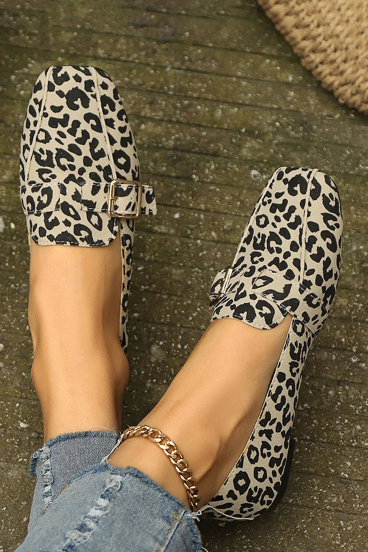 Leopard Print Strap Buckle Decor Square Toe Casual Loafers