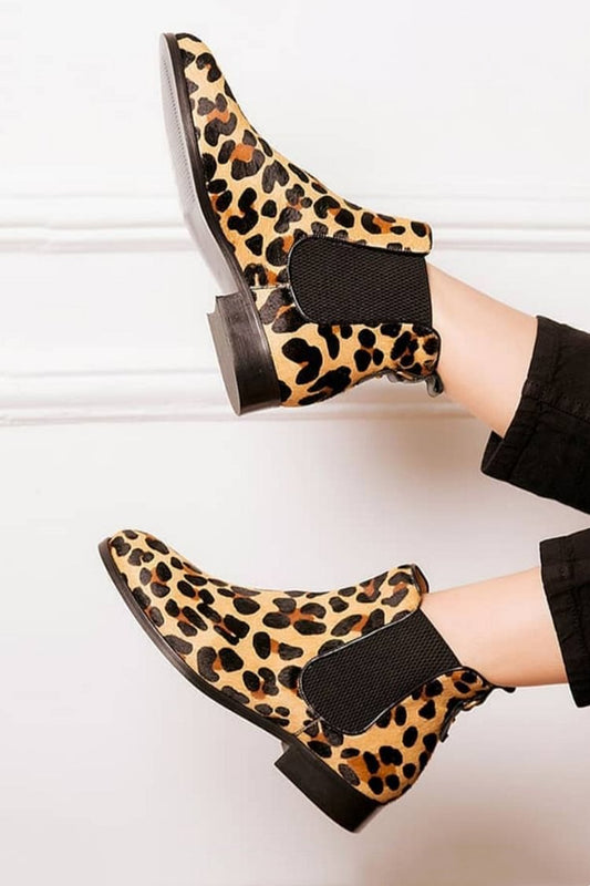 Leopard Print Patchwork Round Toe Beige Ankle Boots [Pre Order]