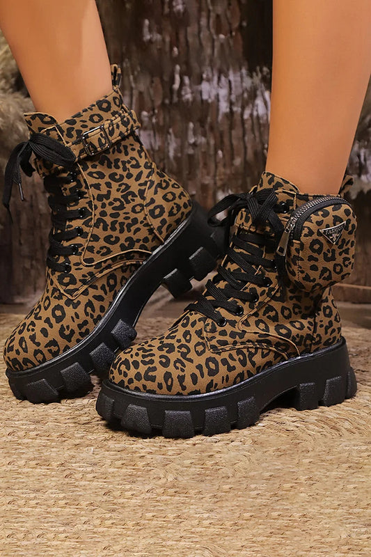 Leopard Print Pocket Decor Round Toe Lace Up Ankle Boots