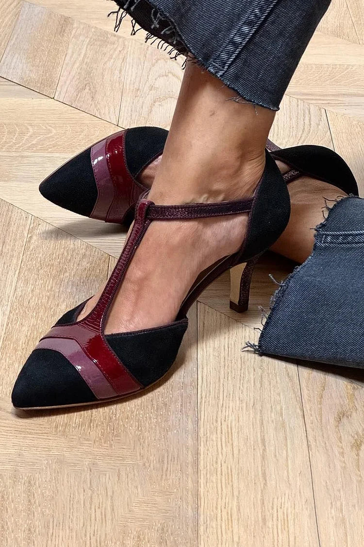 Patchwork T-Strap Buckle Pointed Toe Black Stiletto Heels [Pre Order]