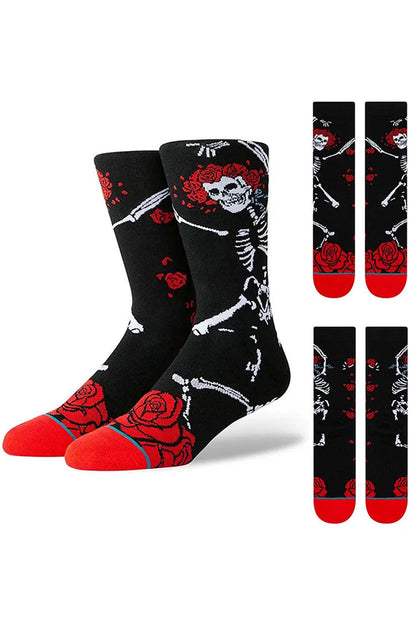 Halloween Rose Skeleton Dancing Print Mid Calf Socks