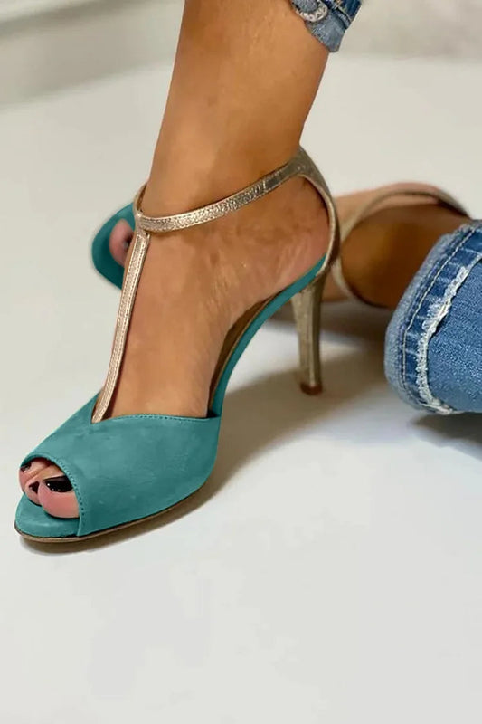 Colorblock T-Strap Buckle Green Stiletto Heels