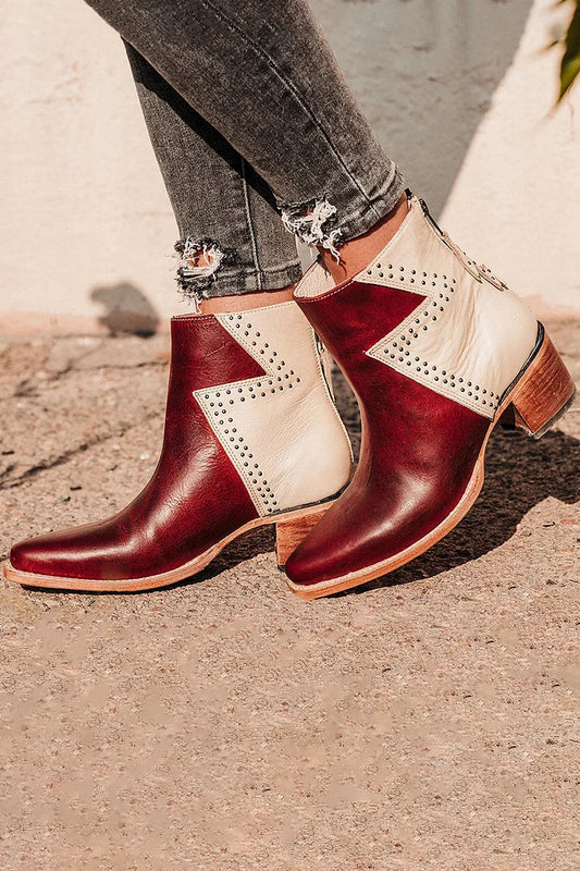 Colorblock Pointed Toe Chunky Heel Red Ankle Boots [Pre Order]