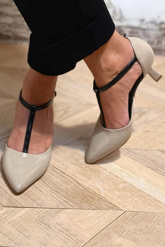 Pointy Toe Colorblock T-Strap Buckle Taupe Kitten Heels [Pre Order]