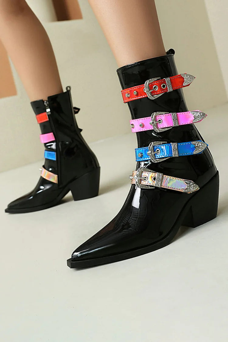 Multicolor Straps Buckles Pointed Toe Chunky Heel Mid Calf Boots