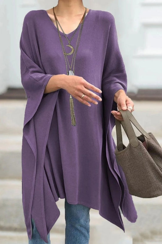 Solid Color V-neck Bat Sleeves Casual Long Sweater