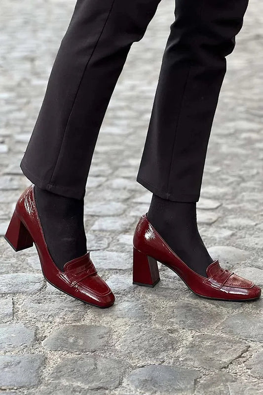 Patchwork Solid Color Round Toe Burgundy Chunky Heels [Pre Order]