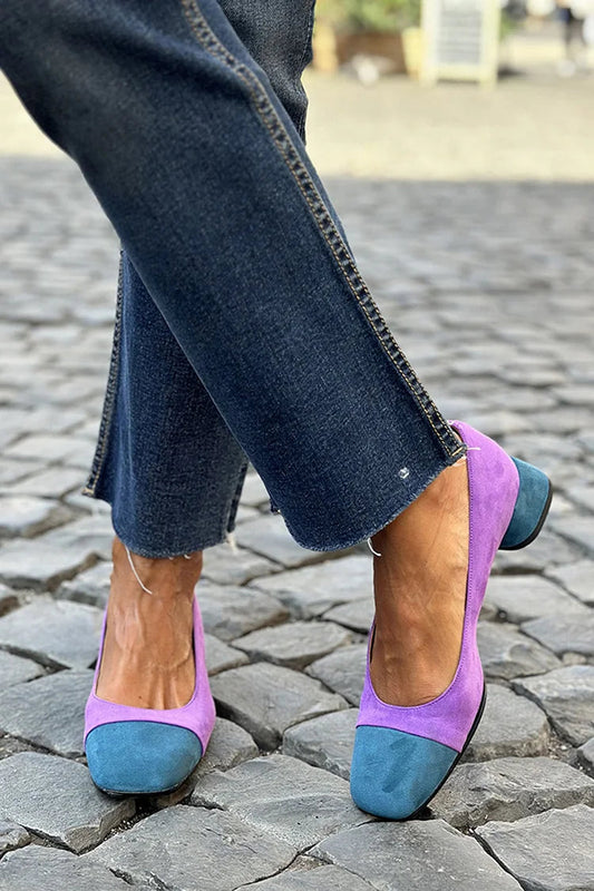 Square Toe Colorblock Casual Purple Chunky Heels [Pre Order]