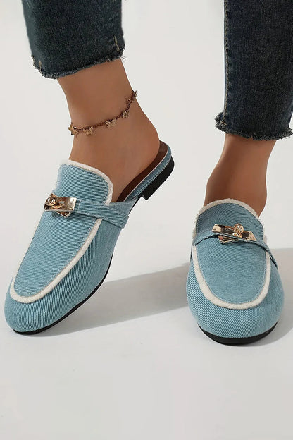 Alloy Buckle Decor Fur Trim Round Toe Denim Mules