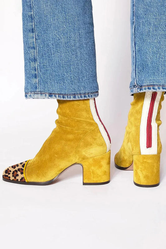 Patchwork Leopard Print Square Toe Yellow Chunky Heel Boots