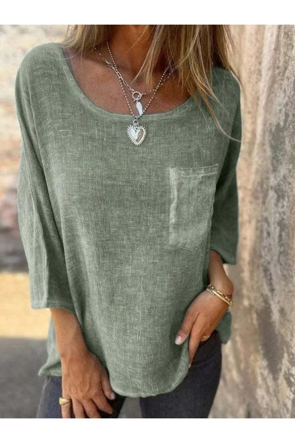 Plain Crew Neck Long Sleeve Loose Casual Blouse