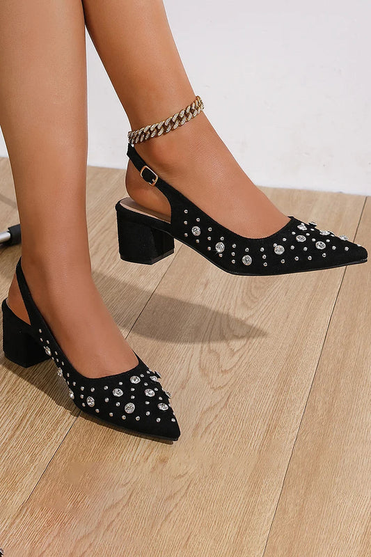 Rhinestone Decor Slingback Strap Pointy Toe Buckle Chunky Heels