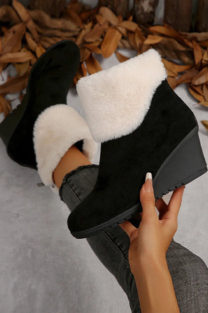 Fluffy Trim Round Toe Zipper Wedge Heel Snow Boots