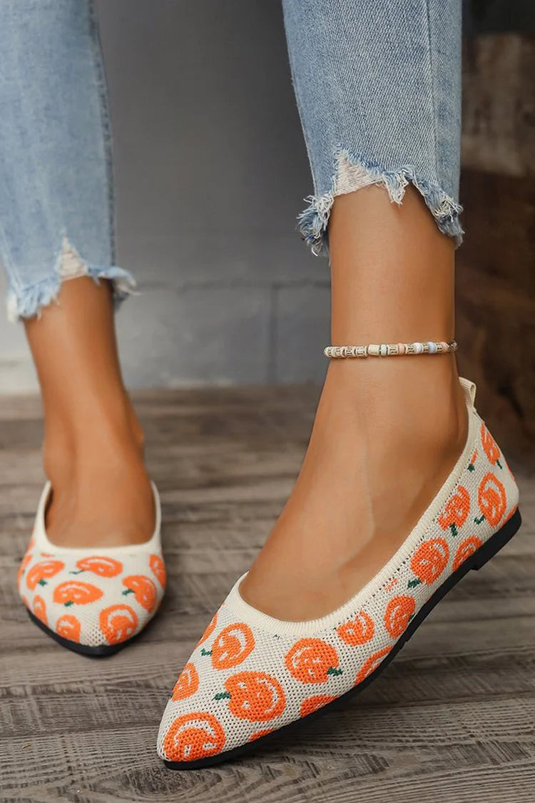 Halloween Horror Pumpkin Pattern Print Pointy Toe Knit Flats