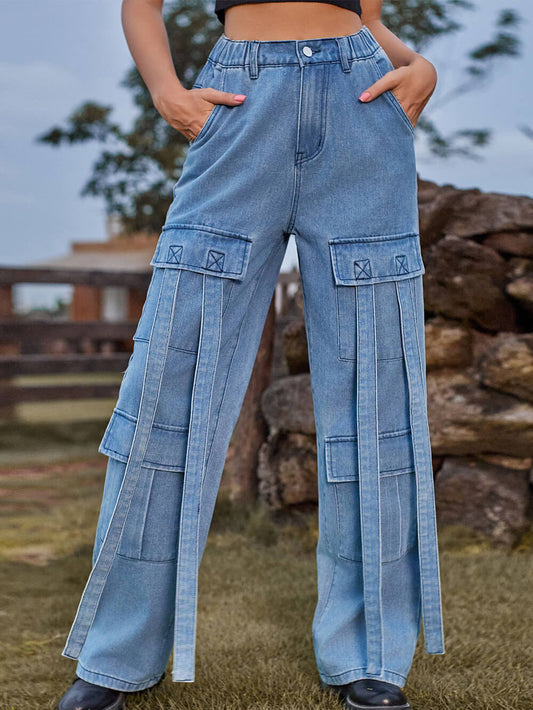 Pantalones cargo de mezclilla con cinta lavada 
