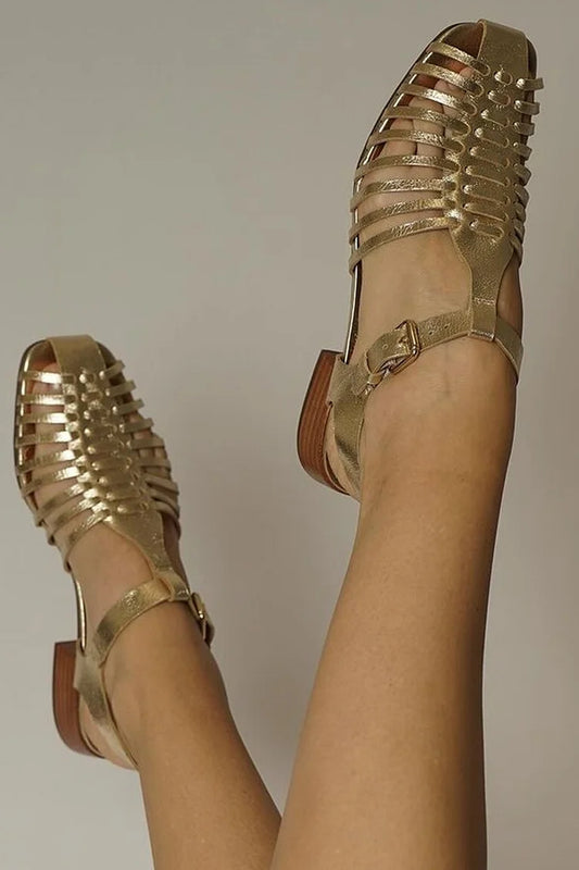 Square Toe Hollow Ankle Strap Buckle Gold Chunky Heels [Pre Order]
