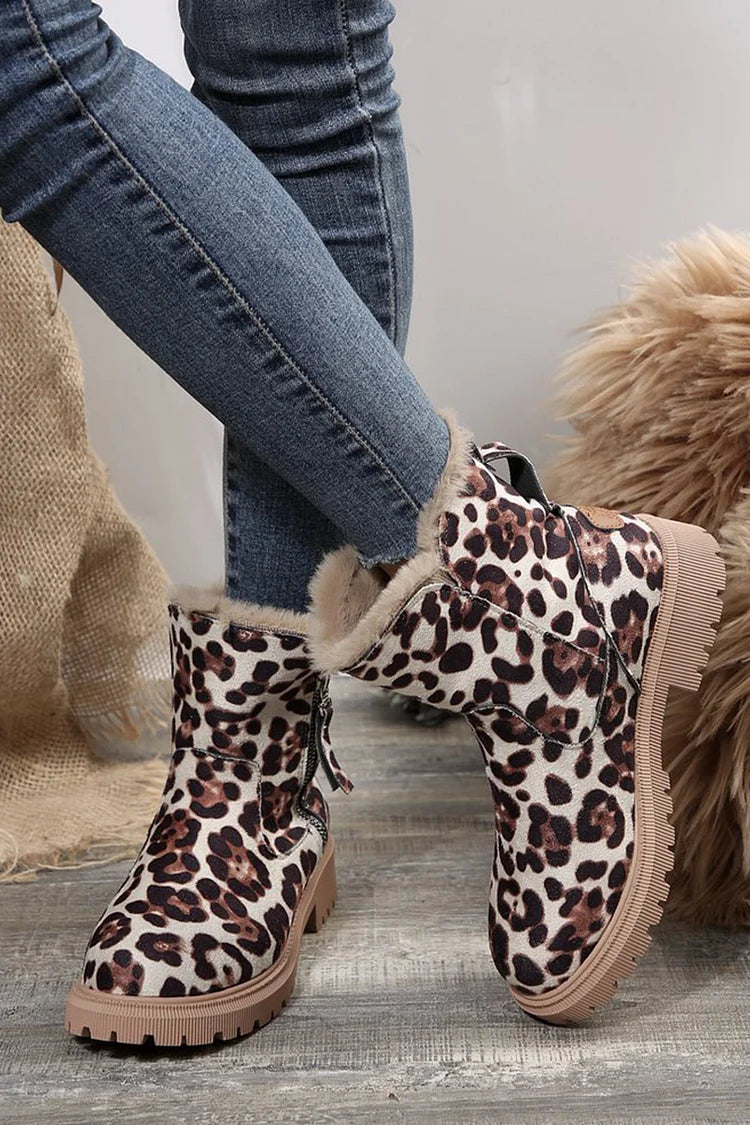 Leopard Print Patchwork Round Toe Faux Fur Lined Zipper Snow Boots