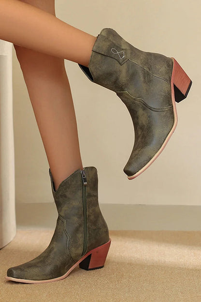 Patchwork Pointed Toe Chunky Heel Zipper Western Boots