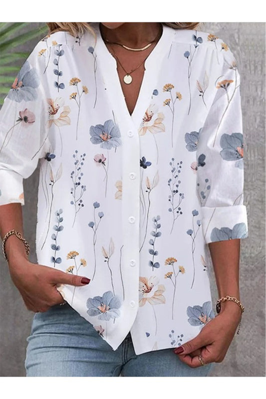 Floral Print V Neck Long Sleeve Buttoned Lightweight Blouse