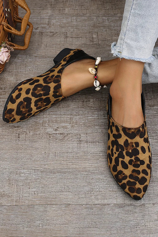 Leopard Pattern Patchwork Pointed Toe Slip On Flats