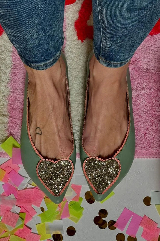 Pointed Toe Glitter Heart Contrast Trim Green Flats [Pre Order]