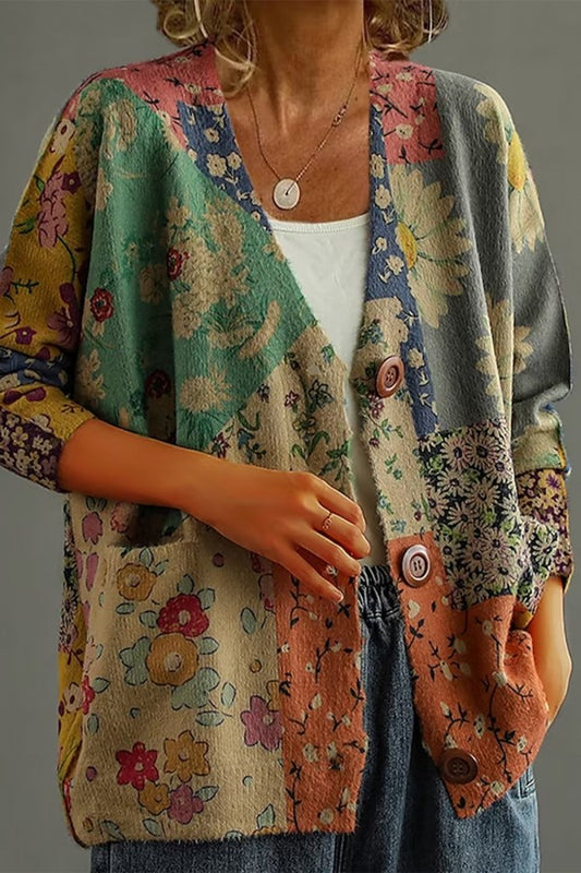 V Neck Casual Long Sleeve Floral Print Sweater Cardigan