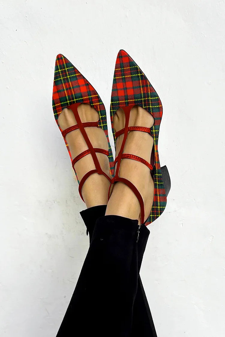 Colorblock Plaid Cross Strap Pointed Toe Red Chunky Heels [Pre Order]