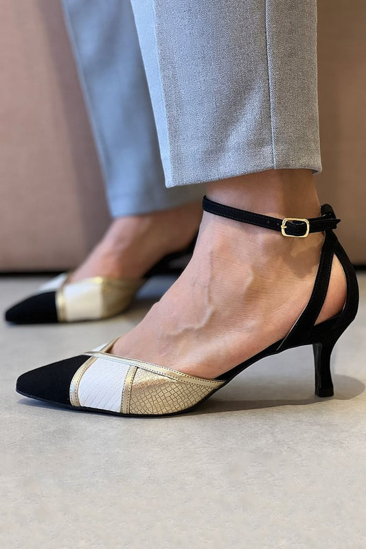 Colorblock Ankle Strap Buckle Pointed Toe Black Low Heels [Pre Order]