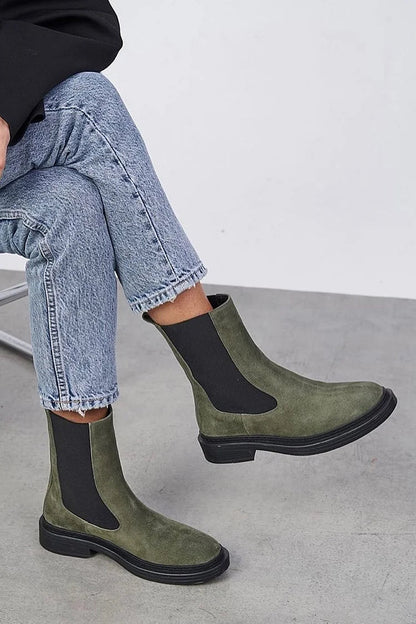 Patchwork Round Toe Low Block Heel Dark Green Ankle Boots [Pre Order]