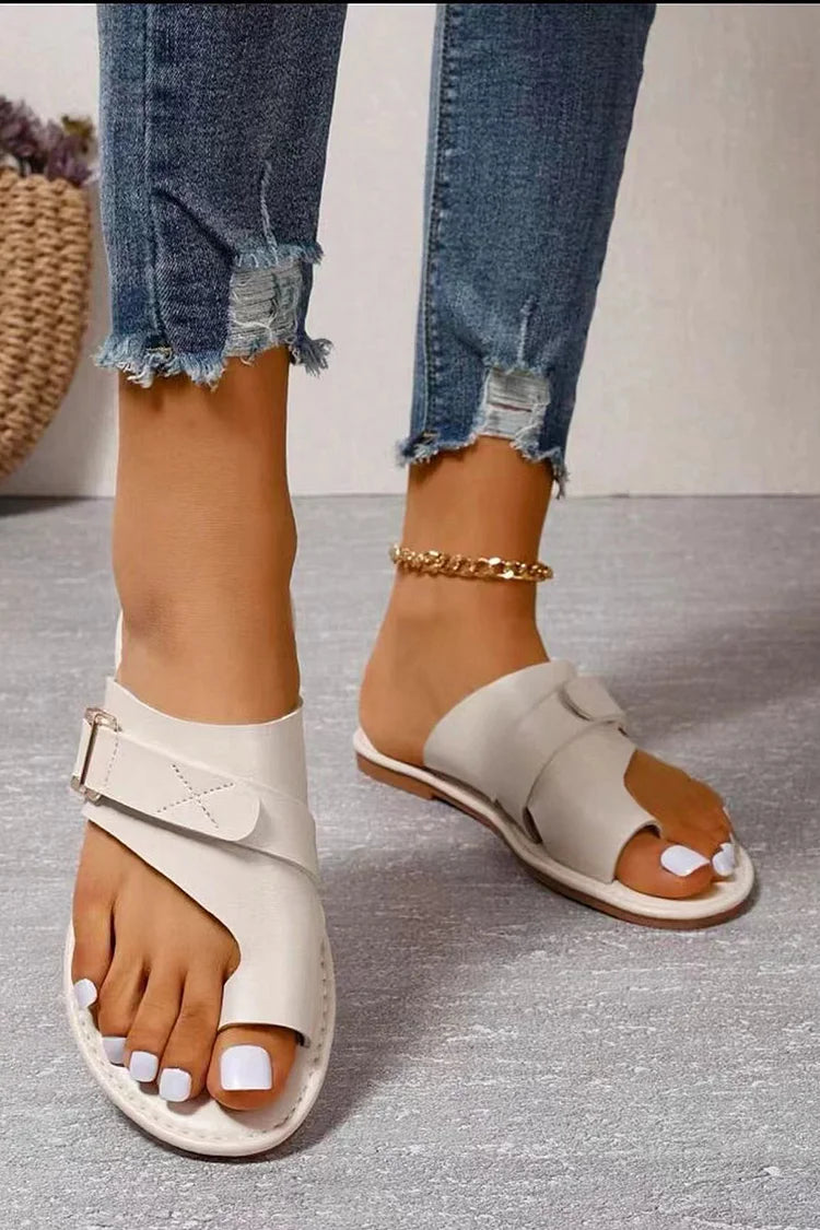 Belt Buckle Patchwork Seam Toe Ring Plain Slippers