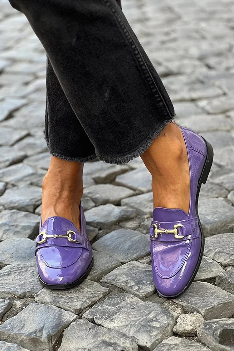 Metal Buckle Decor Patchwork Round Toe Purple Loafers [Pre Order]