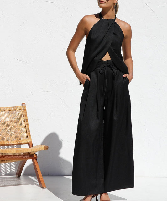 Summer Sleeveless Black Two-piece Suit