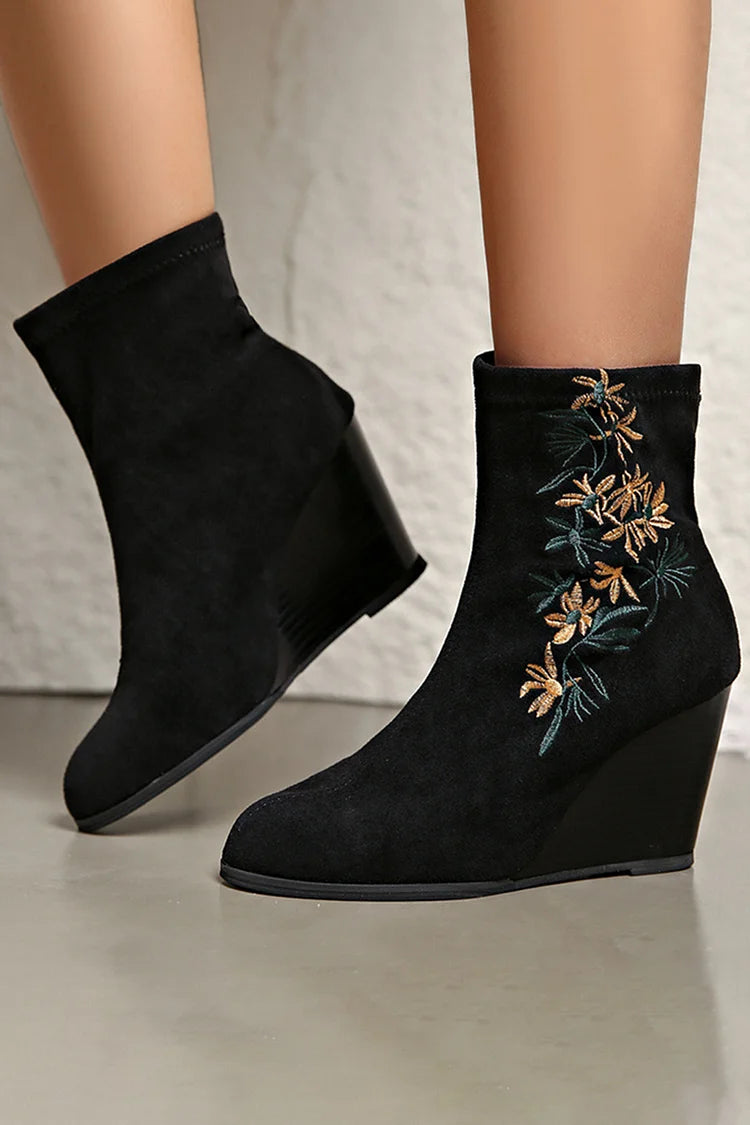 Floral Embroidery Round Toe Wedge Heel Pull On Ankle Boots