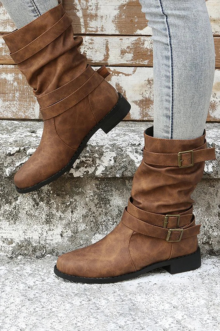 Multi Straps Buckles Patchwork Round Toe Solid Color Mid Boots