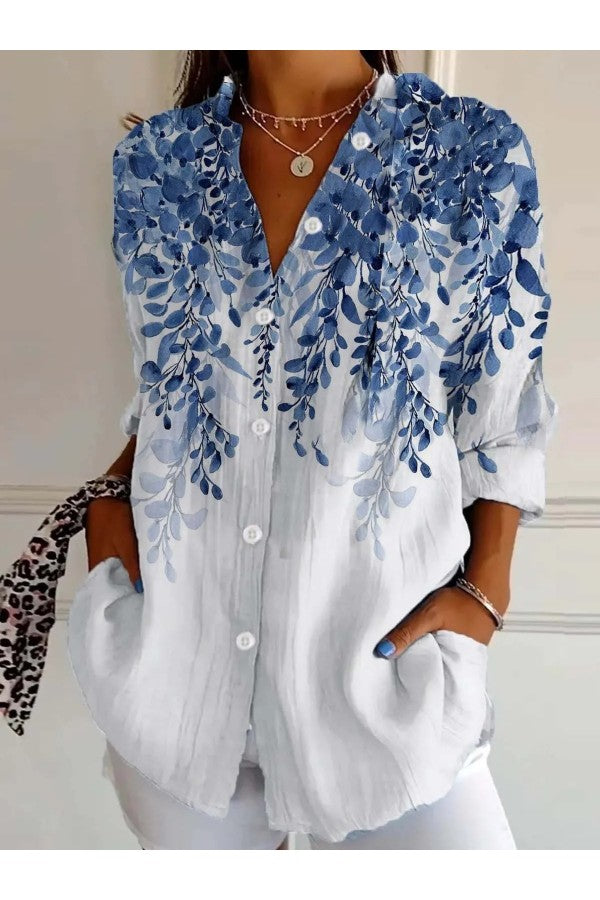 Floral Print Shirt Collar Long Sleeve Lightweight Casual Shirt