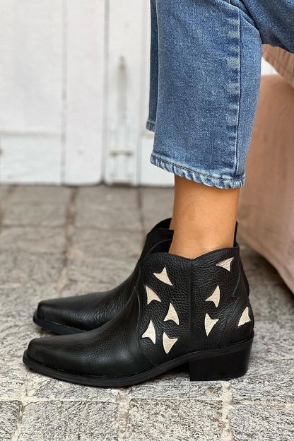 Colorblock Patchwork Pointed Toe Black Ankle Boots [Pre Order]