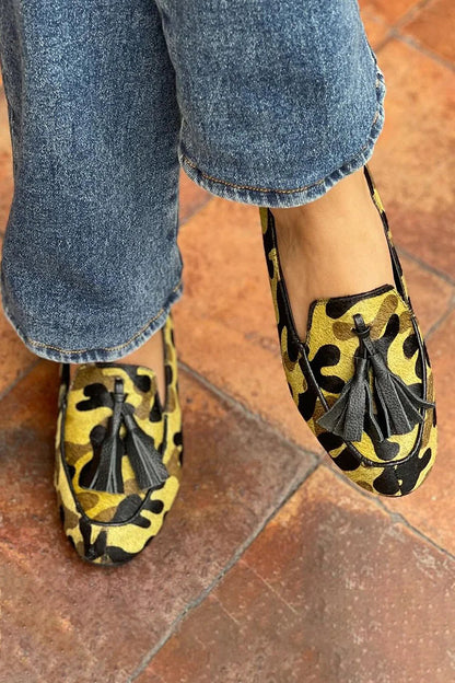 Camo Print Round Toe Tassels Decor Yellow Loafers [Pre Order]