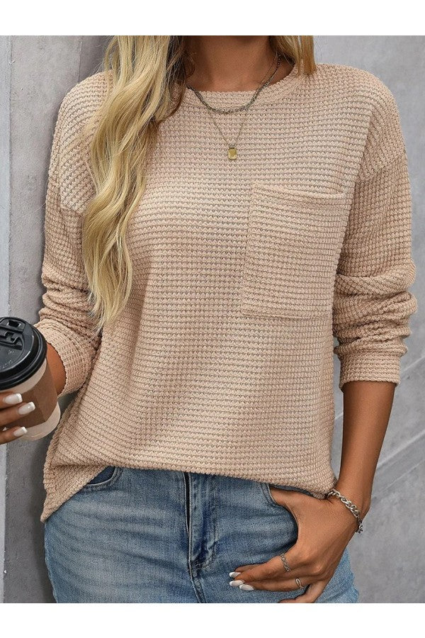 Crew Neck Long Sleeve Plain Blouse with Pocket Stitching and Micro-Elasticity