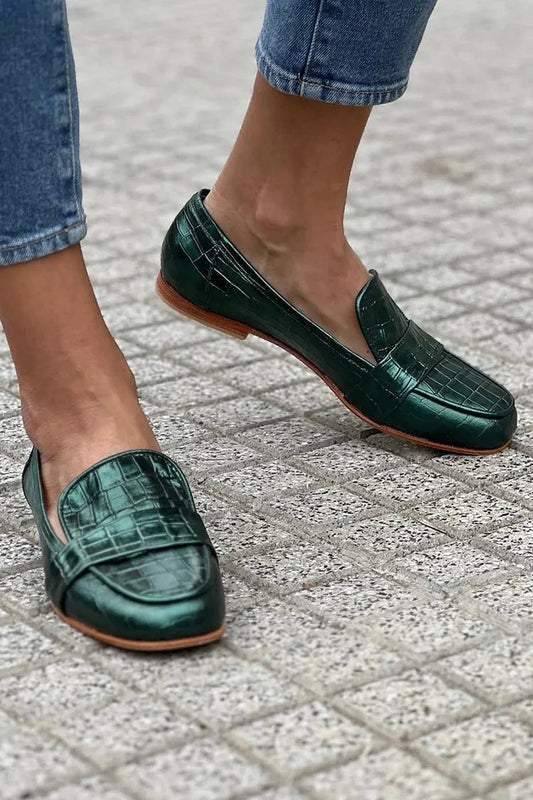 Metallic Sheen Plaid Square Toe Slip On Green Loafers