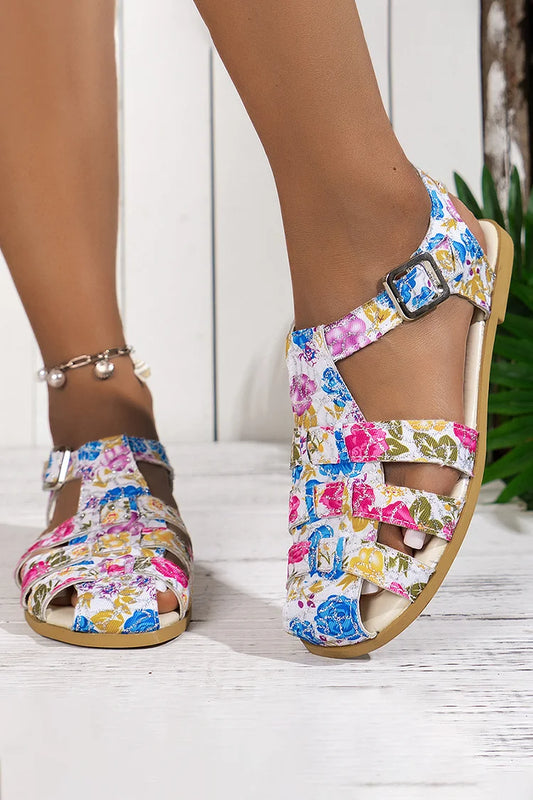 Colourful Floral Print Hollow Out Strappy Buckle Closed Toe Sandals