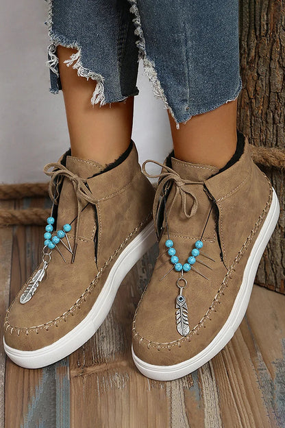 Beads Feather Pendant Stitch Detail Round Toe Ankle Boots