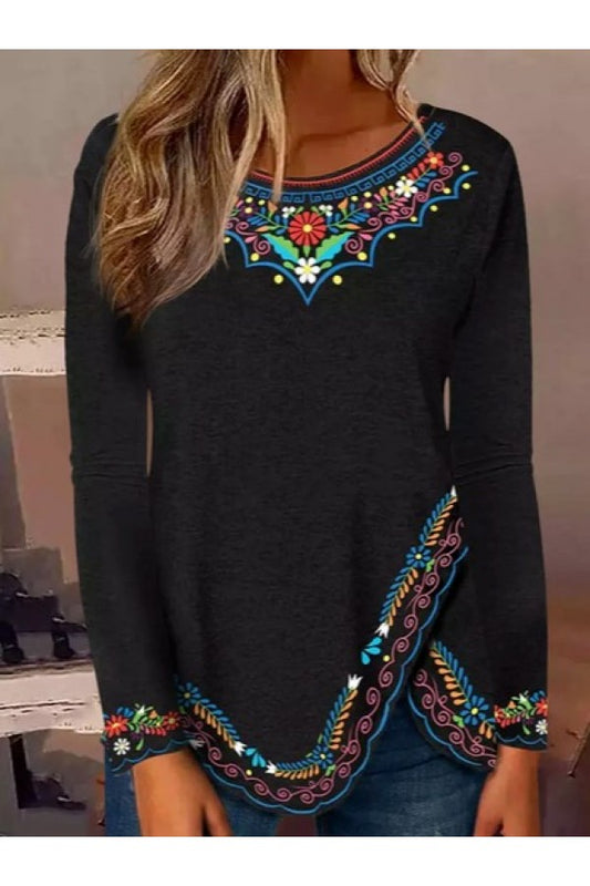 Ethnic Crew Neck Long Sleeve Micro-Elasticity Loose Blouse