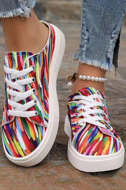 Canvas Multicolor Print Round Toe Slip On Lace Up Sneakers