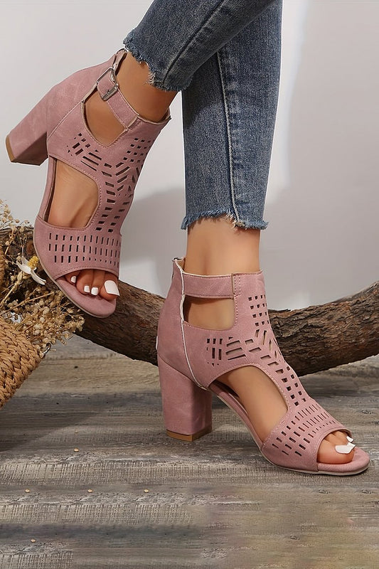 Hollow Out Ankle Strap Peep Toe Buckle Plain Chunky Heels