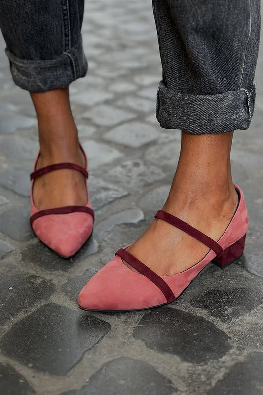 Colorblock Instep Strap Pointed Toe Pink Chunky Heels [Pre Order]