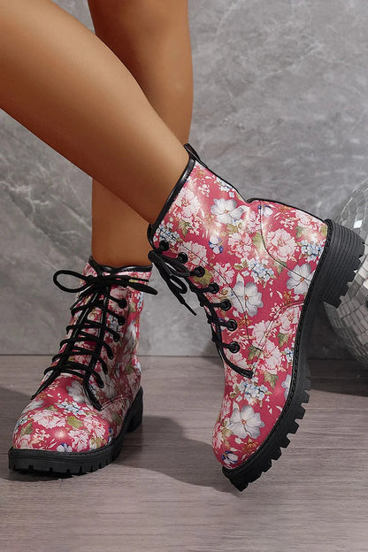 Colorful Floral Print Round Toe Low Block Heels Lace Up Ankle Boots