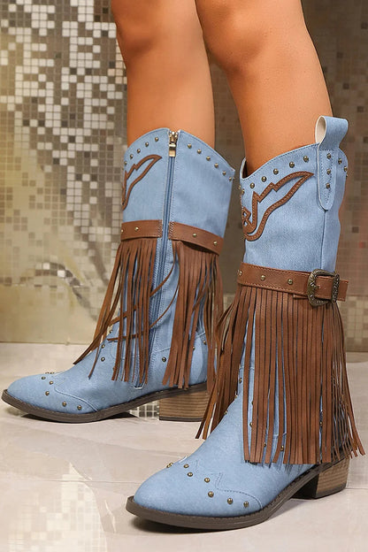 Colorblock Fringed Trim Metal Rivets Pointed Toe Chunky Heel Mid Calf Boots