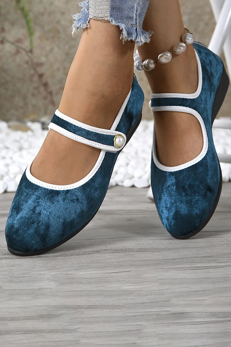 Contrast Trim Instep Strap Buckle Round Toe Velvet Flats