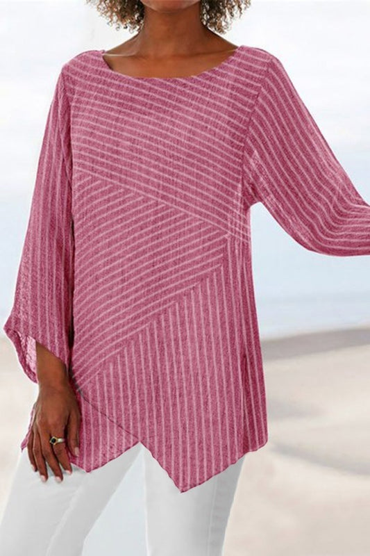 Stripe Print Crew Neck Long Sleeves Blouse